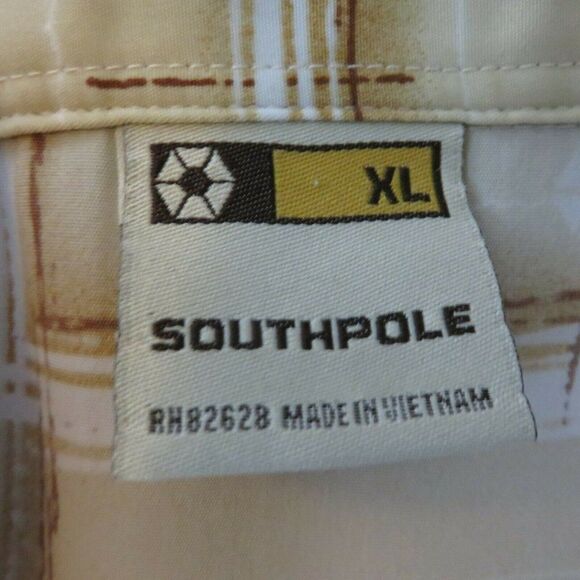 SouthPole Shirt Mens XL Short Sleeve Hip Hop South Pole Camp Plaid Logo Tan - Picture 9 of 12